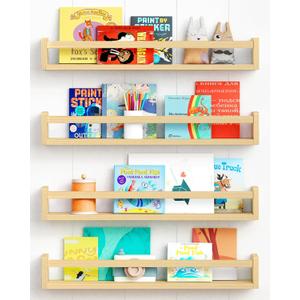 Forbena Natural Wood Nursery Bookshelves for Wall, 24 Inches Long Floating Book Shelves, Wall Mounted Bookcase for Baby Teen Girl Boy Kids Room Bedroom, Playroom Organizer, Bathroom Decor (4-Pack), 23.6 Inch