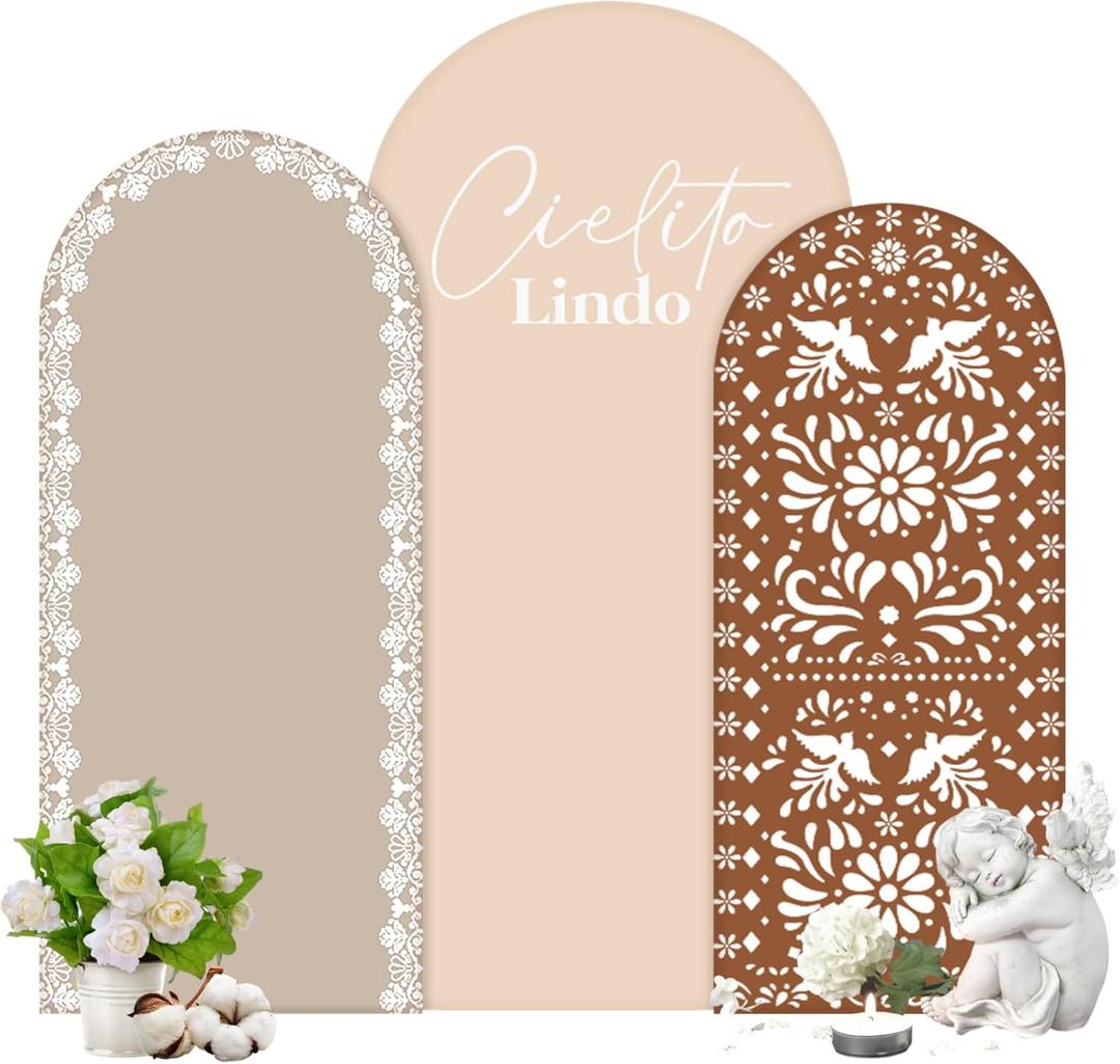 Chunful 3 Pcs Mexican Arch Backdrop Cover Baby Shower Photo Background Decor Vintage 2-Sided Round Top Backdrop Arch Cover for Mexican Wedding Birthday Fiesta Party Decoration 6 ft/5 ft/4 ft (Brown)