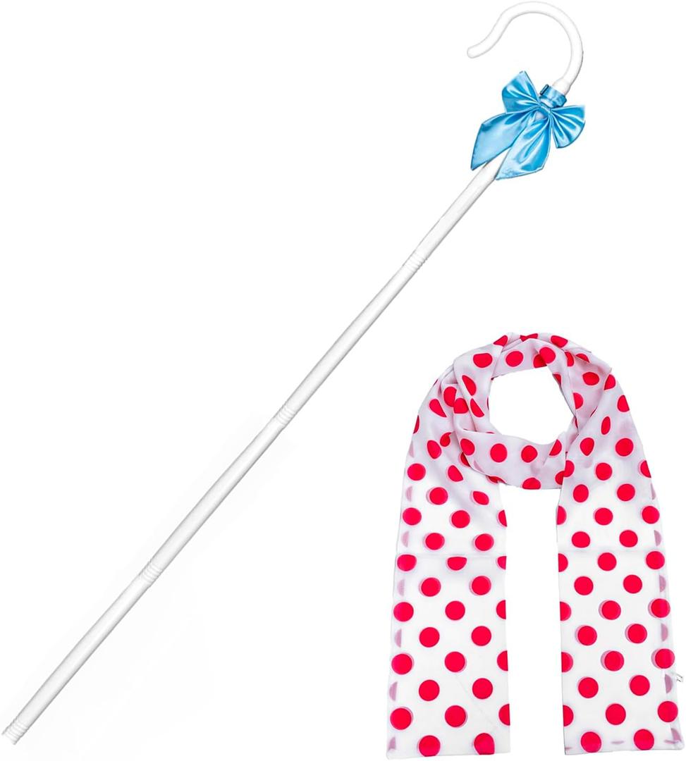 Shepherd Staff and White Costume Stockings with Blue Bows, Bonnet and Cane Set for Women Girls Halloween Party Dress Up