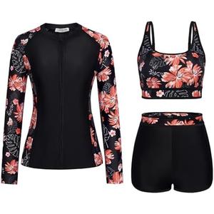 Kate Kasin Women's 3 Piece Rash Guard Long Sleeve Swimsuits Zip Up UPF 50+ Built in Bra Swim Shirts with Boyshorts Quick Dry,M