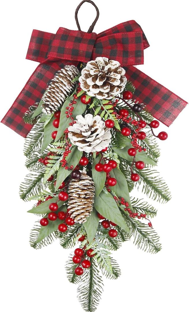 CISDUEO Christmas Teardrop Swag for Front Door Wreath Red Berry Pinecone Winter Pine Needles Artificial Swag Christmas Xmas Teardrop Door for Wall Hanging Indoor Outdoor Decor