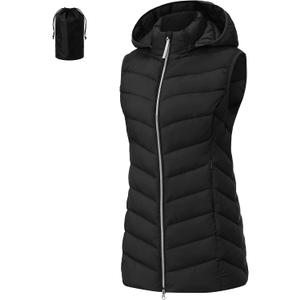 Womens Packable Puffer Vest Long Puffy Vest Bubble Winter Vest Hooded Vests Outerwear Lightweight (Black, L)