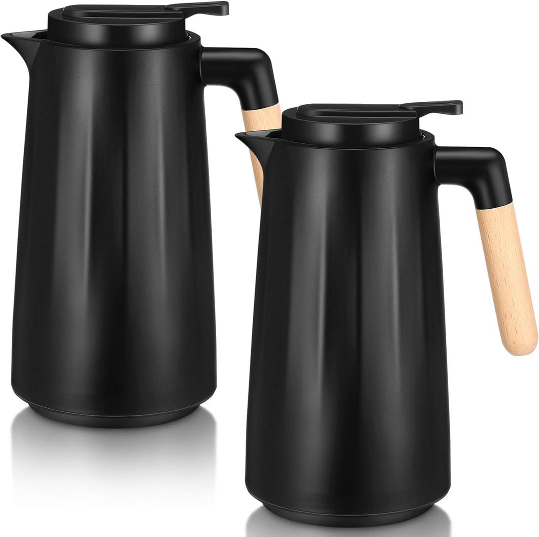 2 Pcs 34 oz Thermal Coffee Carafe Double Wall Vacuum With Glass Liner and Wood Handle - Insulated for Keeping Cold or Hot Drinks, Milk, Tea, Hot Chocolates, Black