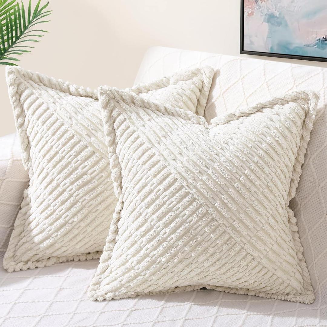 DecorUhome Decorative Cream White Throw Pillow Covers 18x18 Set of 2 with Splicing, Boho Soft Corduroy Broadside Twill Spring Pillow Covers for Couch Bed Sofa Living Room