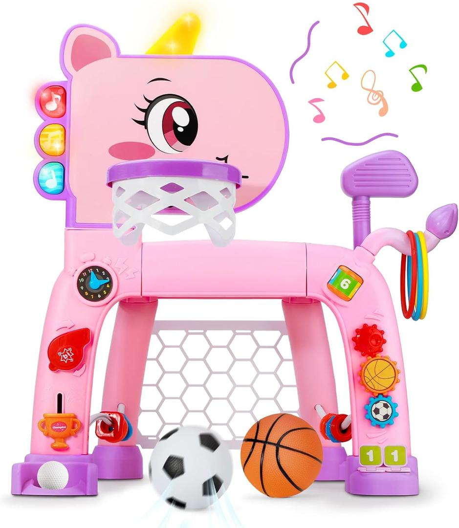 4 in 1 Toddler Basketball Hoop & Soccer Goal, Kids Sports Toy for 1 2 3 Years Old Girls Boys, Baby Toy with Sound & Light, Birthday Gift for 12-18 Months, Pink
