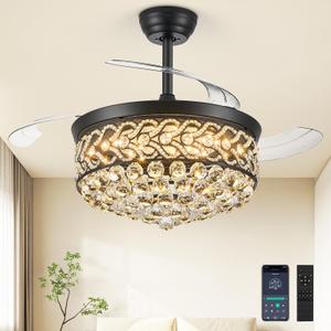 Crystal Fandelier Ceiling Fan with Light, 42" Retractable Ceiling Fans Chandelier Fan with Retractable Blades LED Dimmable Crystal Ceiling Fan Chandelier Fans for Bedroom Living Room etc-Black Crystal Fandelier Ceiling Fan with Light, 42" Retractable Ceiling Fans Chandelier Fan with Retractable Blades LED Dimmable Crystal Ceiling Fan Chandelier Fans for Bedroom Living Room etc-Black
