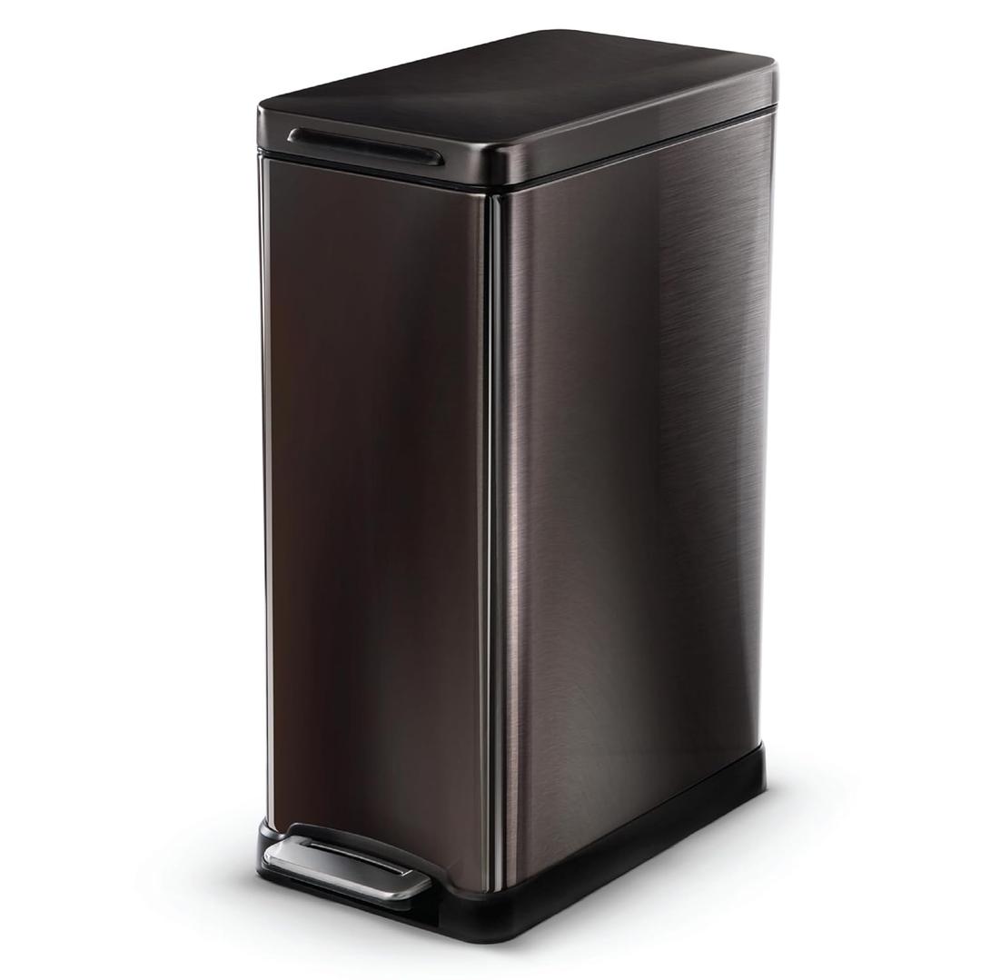 Home Zone Living 12 Gallon Slim Kitchen Trash Can with Soft Close Lid, Step Pedal, Bag Tuck Band, and Removable Liner, Stainless Steel, Black, Gen 1