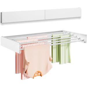 Wall Mounted Clothes Drying Rack 40 inches, Foldable Wall Mount Laundry Rack Folding Indoor, Drying Rack Clothing Collapsible, Hidden Space Saver with Wall Template, 6 Rods, White