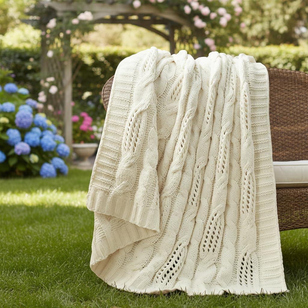 Amlie Home Chunky Knit Throw Blanket, Dual-Sided Soft Chenille Breathable Cable Knitted Blanket for Couch, Farmhouse Decorative Throw for Sofa & Chair, 50"x60", Ivory