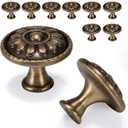 10 Pack Antique Brass Cabinet Knobs, Vintage Retro Drawer Knobs, Solid Round Dresser Knobs for Nightstands Single Hole Cabinet Hardware, Diameter 1.18 In