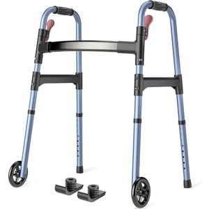 HOMLAND Folding Walkers for Seniors with Wheels, Lightweight Rolling Walker, Height Adjustable Standard Walker with Aluminum Frame, Blue