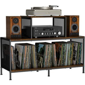 Spacious Vintage Record Player Table - Holds 150-250 Vinyl Albums, Adjustable Dividers, Side Display Areas - Ideal for Living Room, Bedroom, Office