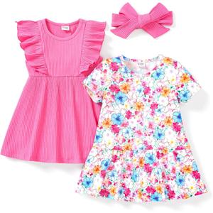 PATPAT Baby Toddler Girl Dresses Infant Ruffle & Short Sleeveless 2 Pack Summer Dress Casual Party Dress (12-18 Months, Dark Pink)