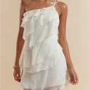 SOLY HUX Women's Mini Dress One Shoulder Ruffle Mesh Dresses Layered Backless Vacation Party Sundresses (Beige, S)