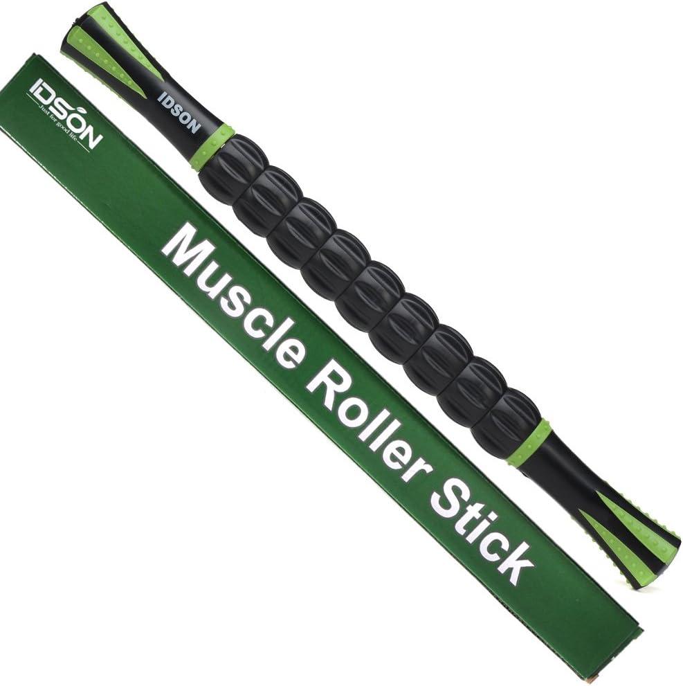 Idson Muscle Roller Stick for Athletes - Body Massage Stick Tool for Relief of Muscle Soreness, Cramping, and Tightness; Helps Legs and Back Recovery, Black/Green