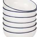 OTAGO 8" Stoneware Salad and Pasta Bowls Set of 6, Porcelain Ceramic Bowls with Blue Rim, Microwave & Dishwasher Safe Tableware for Kitchen, Dinner & Dining