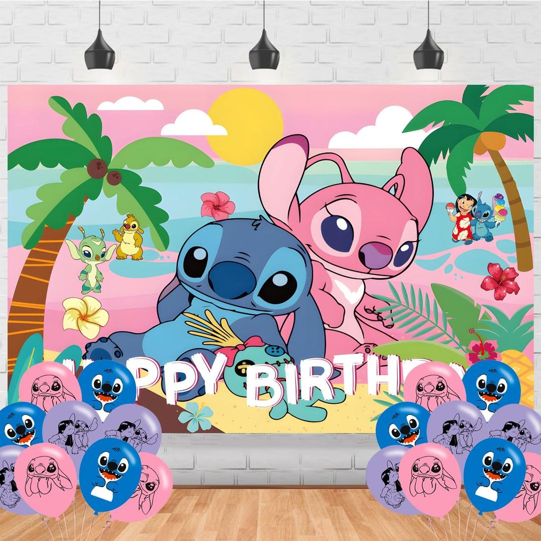 Summer Stittch Birthday Decorations,Summer Hawaiian Luau Aloha Backdrops for Party Decorations Supplies,Pink Angel Happy Birthday Banner Backdrop for Party Supplies (5x3ft)