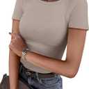 ANRABESS Women Short Sleeve Crewneck Ribbed Knit Slim Fitted Shirts Summer Tops Basic Tee Casual 2025 Fall Outfits Clothes (Medium, Light Khaki)