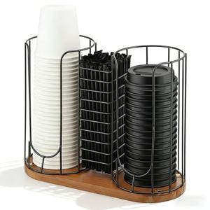 Geelin 18oz Adjustable Coffee Cup Dispenser, Cup Holder Organizer for Storing Paper Cups, Straws, Lids and Disposable Tableware(3-Compartment Single Layer,Black and Brown)