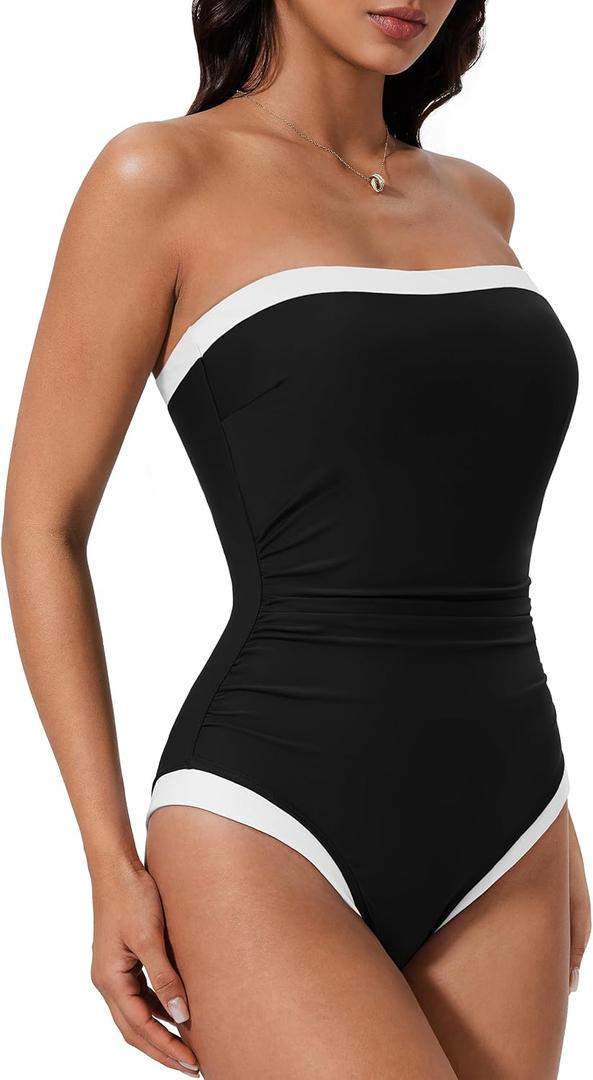 SUUKSESS Women One Piece Tummy Control Swimsuit Strapless Bandeau Bathing Suit (Black, XL)