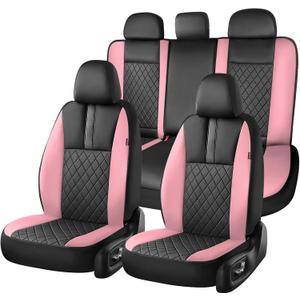 Coverado Car Seat Covers Full Set, Automotive Leather Seat Covers for CarUniversal Fit Front Back Seat Cover, Non-Slip Waterproof Breathable Car Seat Protector (Black/Pink)
