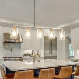 Mecgirn Island Light for Kitchen, Brushed Nickel Dining Room Light Fixture Over Table, 5-Light Linear Chandelier Pendant Lighting for Dining Table Kitchen Island Living Room, 5 Light + Clear Glass