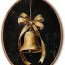 Hxlac Vintage Dark Christmas Gold Bell Oval Wall Art Framed, Moody Christmas Bell Oval Wall Decor, Cottagecore Xmas Hanging Canvas Prints Wall Sculptures for Home Living Room Decor, 8.5x11.5 Inch