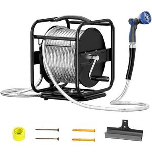 100ft Retractable Garden Hose Reel, Wall Mounted Metal Garden Hose Reel, Heavy Duty Stainless Steel Hose Reel with 9-Pattern Nozzle for Outside, Portable & 360 Rotation Frame
