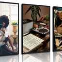 3Pcs Black Woman Art Poster African American Women Canvas Wall Art Funky Black Girl Record Music Posters prints for Modern Black Woman Bedroom Home Decoration 12x16in Unframed