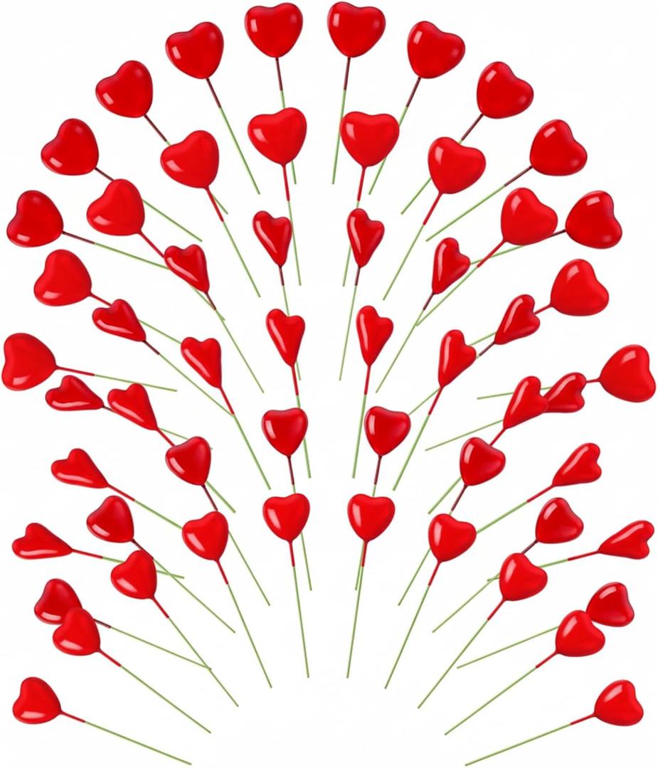 60 Pcs Valentine's Day Floral Picks Valentine Tree Decor Valentines Picks Artificial Heart Shaped Pick Berry Stem for Tree Wedding Anniversary Decorations(Red)