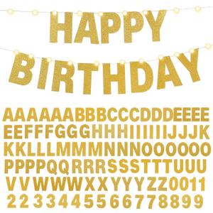 TaoBary 112 Pcs DIY Letter Kit Glitter Customizable Banner Letters Include 107 Letters and Numbers 3 Rope and 2 Needles for Birthday Halloween Christmas Wedding Valentine Party Decor(Gold)