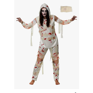 Mepase 4 Pcs Halloween Mummy Costume Zombie Costume for Men Women, Include Top Pants Sleeves Bandage Mummy Wrap Cosplay