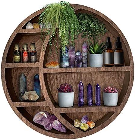 Wooden Crescent Moon Shelf Wall Decor - Decorative Boho Home Hanging Display Shelf for Bedroom, Dorm, Nursery - Easy Mount Storage for Crystals and Essential Oils - 14 x 14 x 3.5 (Brown)