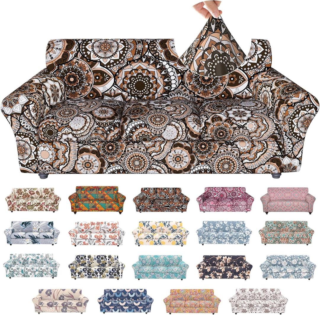 Stretch Couch Covers for 3 Cushion Couch,4-Piece Floral Sofa Covers Couch Slipcovers with Elastic Bottom,Furniture Protector for Living Room with Kids and Pets(Sofa Covers) (A-round Flower+brown Texture)