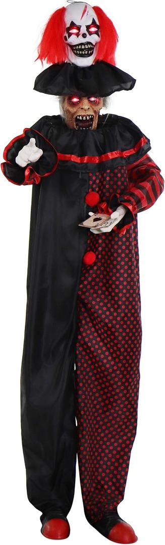 Haunted Hill Farm Pop-Up Two-Headed Clown Halloween Animatronic with Light-Up Eyes for Scary Indoor or Covered Outdoor Halloween Decorations, Battery Operated Halloween Props for Home or Haunted House