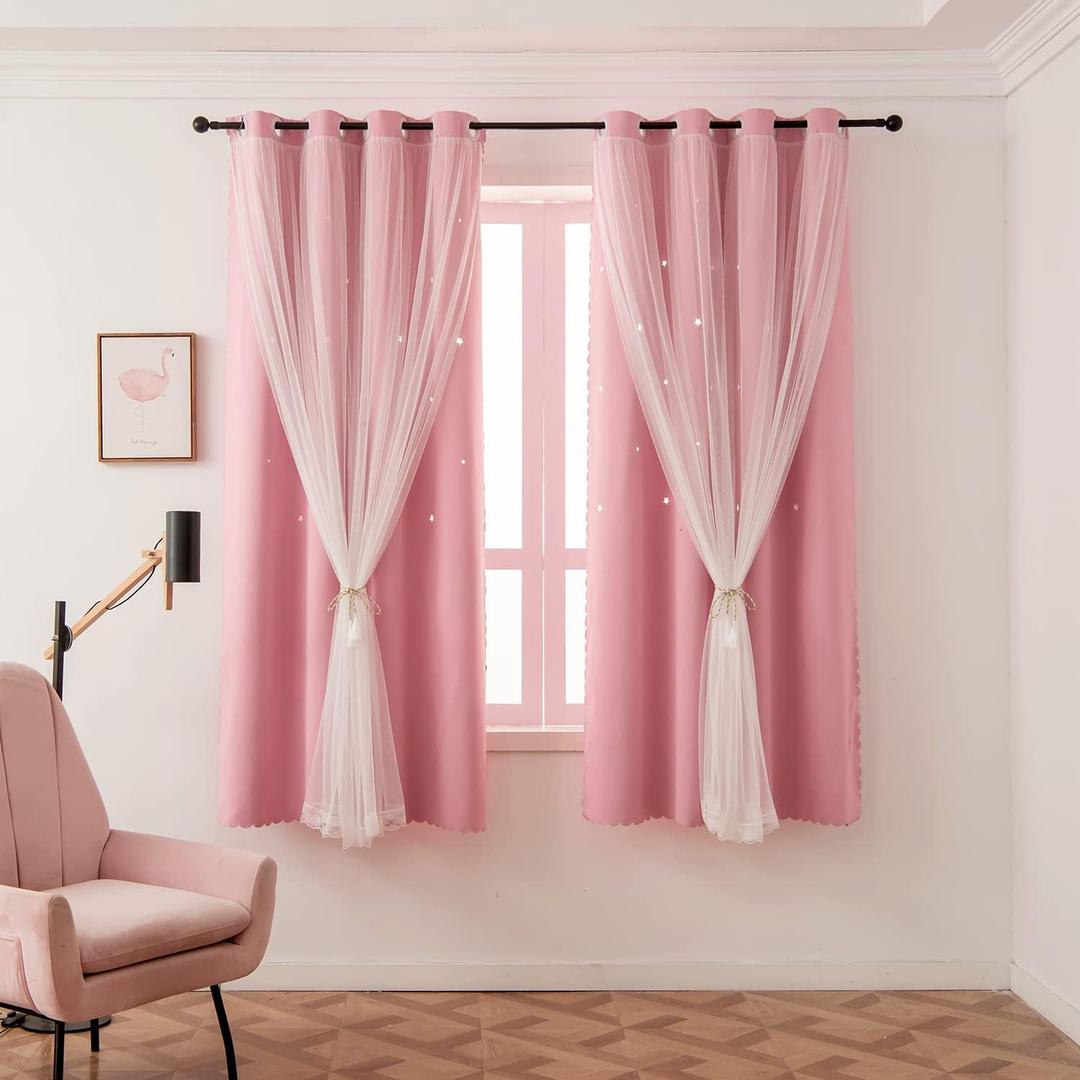 Girls Curtains for Living Room Bedroom Curtains Double Layer Blackout Curtain 63 Inch Length Star Cut Out Pink Curtain Window Drapes for Nursery 1 Panel (W52 X L63 InchesPink)