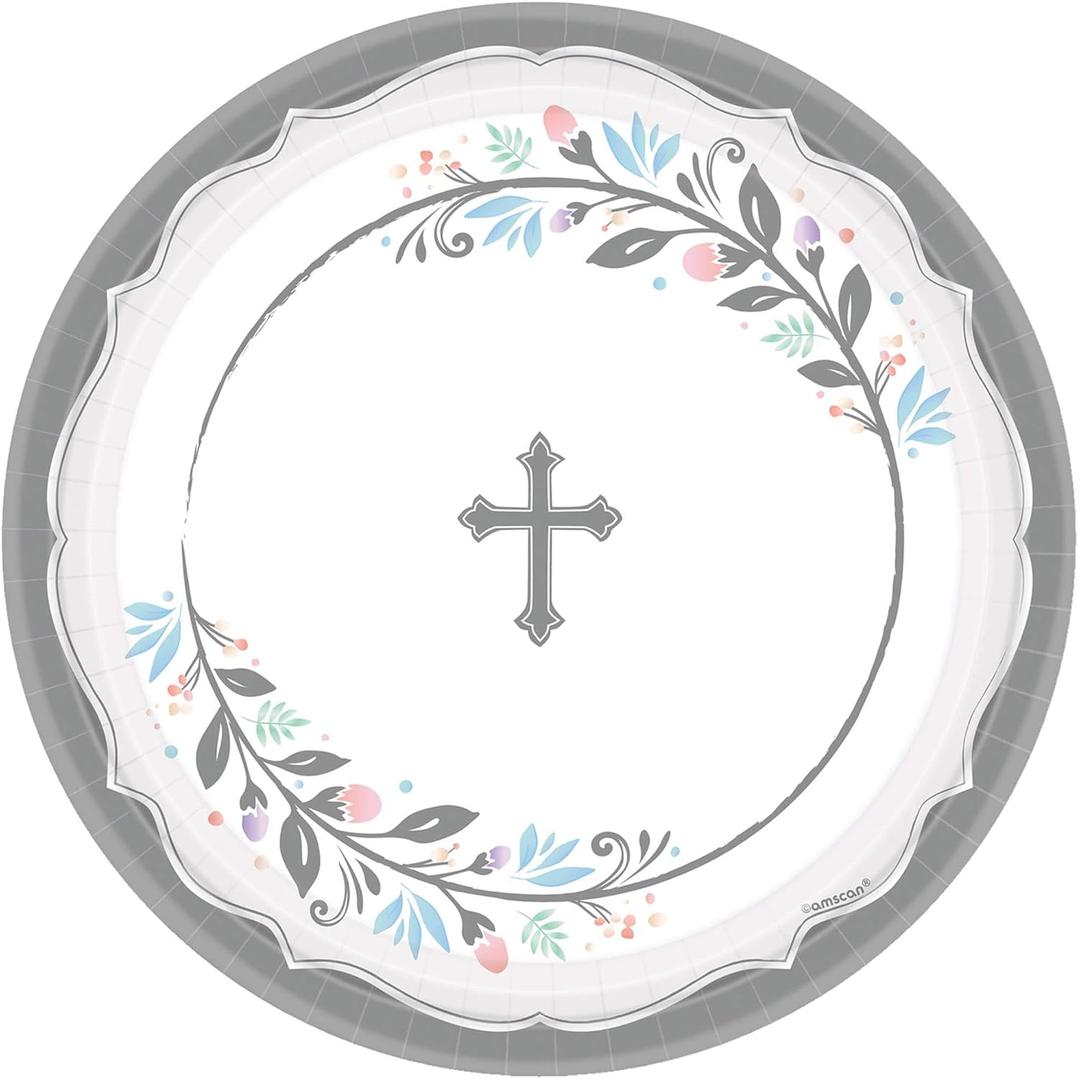 Amscan White & Gray Holy Day God Bless Round Paper Plates (Pack of 18) - Elegant Design Disposable Plates, Perfect for Religious Celebrations, 7"