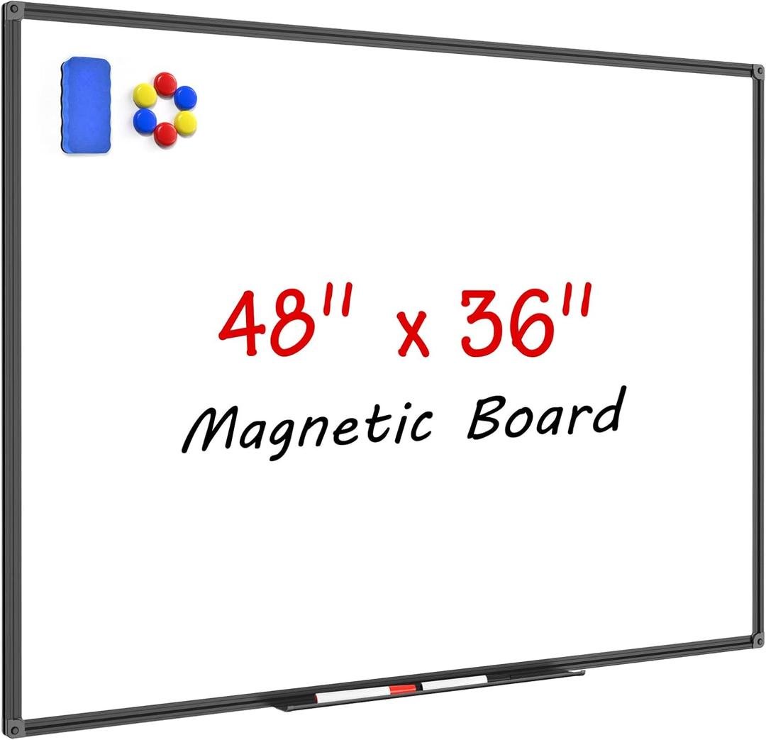 Magnetic Dry Erase Whiteboard 48 x 36 Inch - 4 x 3 Large White Board, Black Aluminum Frame Wall-Mounted, Magnetic Eraser, 2 Pen, Detachable Marker Tray, 6 Magnets for Office, School