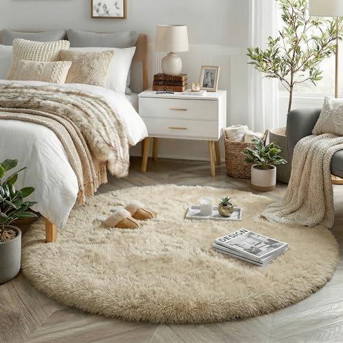 Amdrebio Beige Round Area Rug 4Ft for Bedroom, Boho Fluffy Plush Shag Furry Circle Rugs for Kids Room, Living Room Decor Aesthetic, Cute Shaggy Fuzzy Neutral Carpet for Nursery Preppy Dorm Baby Teens