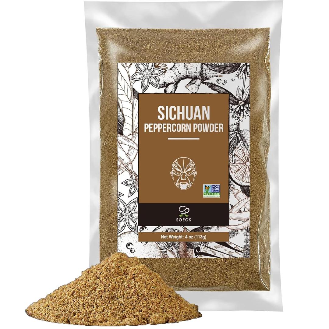 2 Pack Soeos Sichuan Peppercorn Powders, 4oz (113g), Szechuan Peppercorn Powders, Crushed Green Sichuan Peppercorns Powder, Ground Pepper Powders , Best By: 06/26/2027 