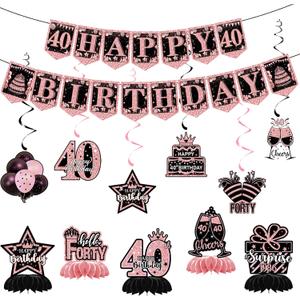 40th Birthday Decorations - 12 PCS Rose Gold Happy 40th Birthday Banner 40th Hanging Swirls Streamers Surprise 1986 Honeycomb Centerpieces Table Decorations for Birthday Party Supplies Favors