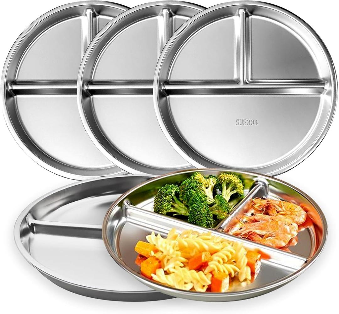 Stainless Steel Kids Plates, 9" Portion Control Divided Plates for Adults Toddlers Balance Lunch, Metal Unbreakable Sectioned Plate with BPA Free Reusable (9IN-5 Packs)