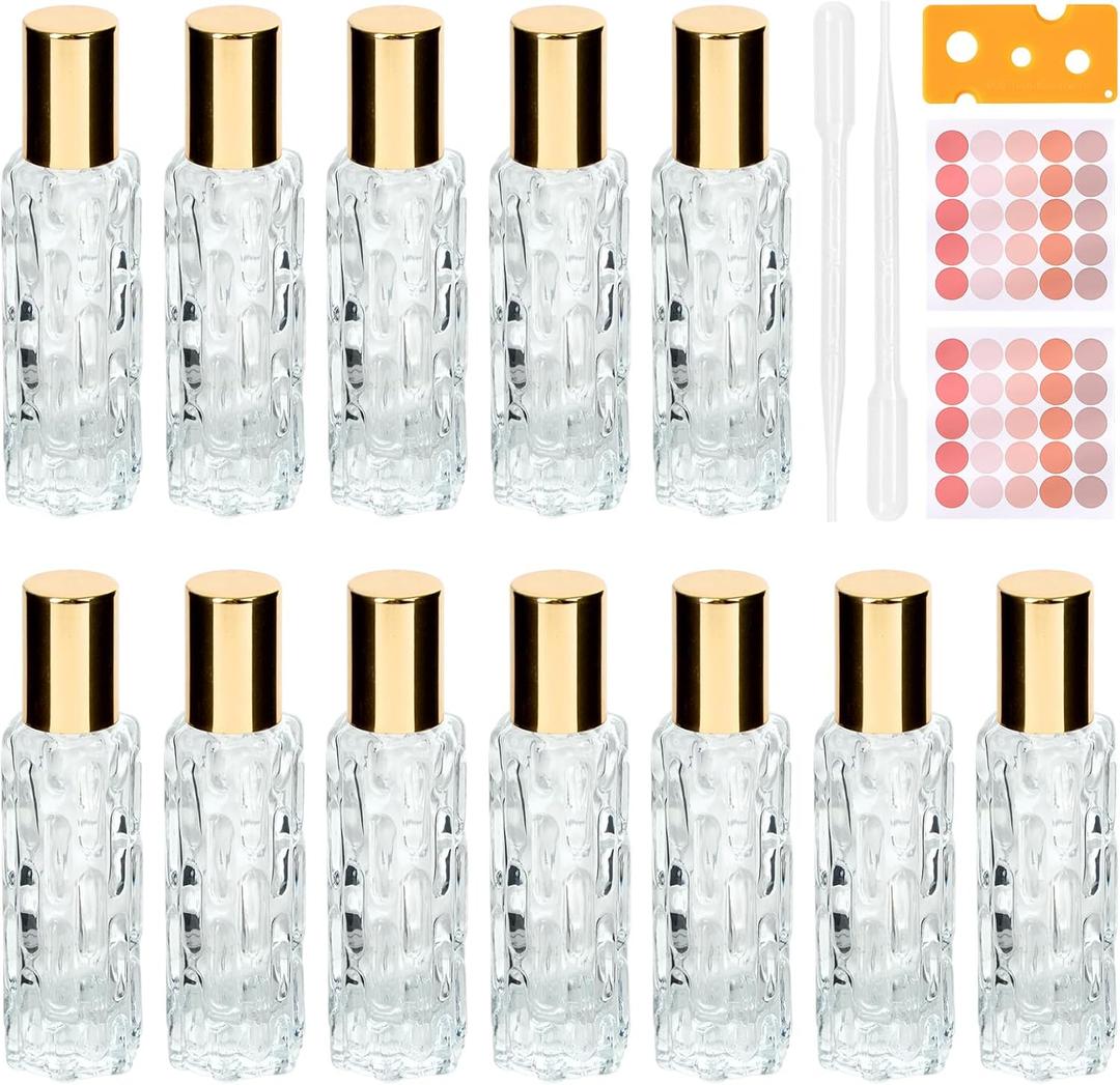 12PCS Essential Oil Roller Bottle Refillable Empty Glass Bottle with Stainless Steel Rollerball, Refillable Glass Set Includes Opener and Dropper