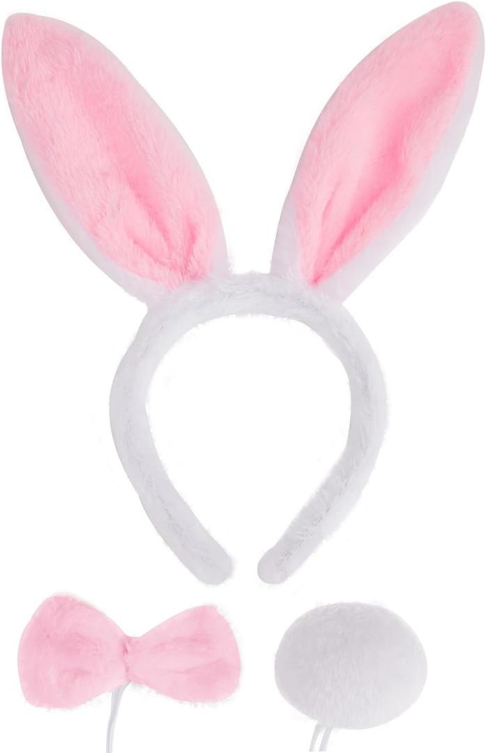 JIALWEN Easter Bunny Ears Set, 3 Piece Plush Rabbit Ears Headband Bow Tie and Tail for Halloween Cosplay Party Dress Up Accessories (White + Pink)