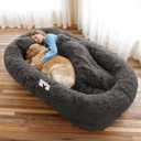 Human Dog Bed, 71''x45''x12'' Size Fits You and Pets, Washable Faux Fur Pet Bed for People Doze Off, Napping Orthopedic Dog Bed, Present Plump Pillow, Blanket, Strap - Dark Grey