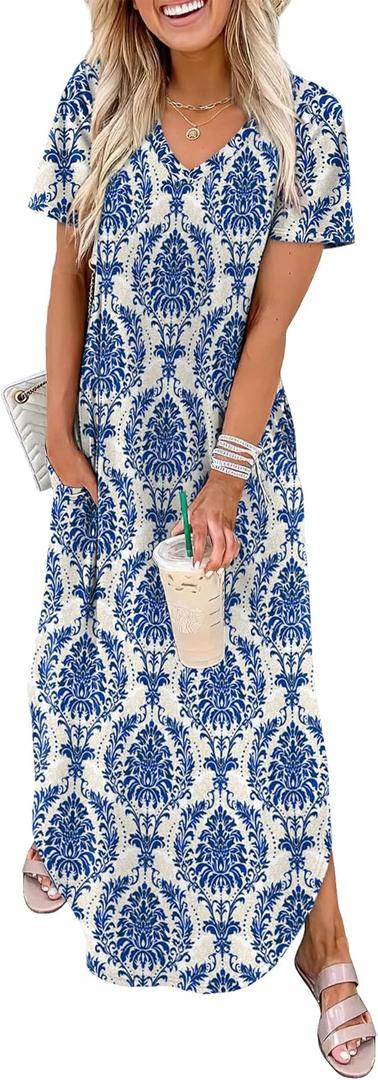 WIHOLL Women's Summer Short Sleeve Dresses Maxi Dress Vacation Beach Sundresses 2026 with Pockets (Large, Floral Blue Boho)