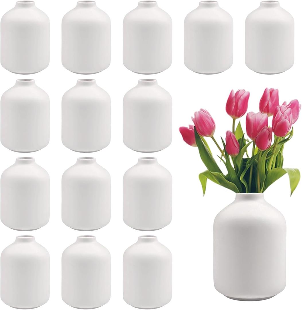 15pcs 3.8 Inch White Ceramic Bud Vases Bulk, Boho Small Vases in Bulk for Flowers, Mini Vases for Centerpieces for Dry Flowers, Pampas Garss for Home Wedding Party Table Decor