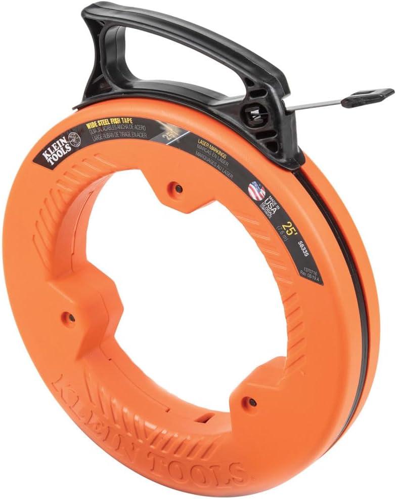 Klein Tools 56335 Flat Steel Electrical Fish Tape, 25-Foot 1/4-Inch Wide Spring Steel Tape, Slim Plastic Tip, Laser Etched 1-Foot Markings