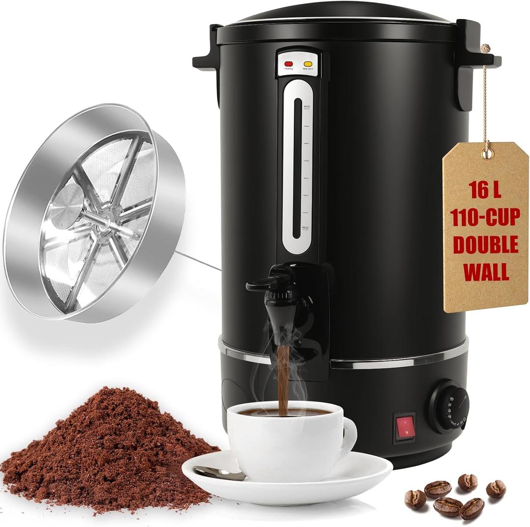 FULIYE Black Coffee Urn,Electric Hot Water Urn with 110-Cup 16L Stainless Steel Hot Beverage Dispenser with Thermometer, Large Coffee Dispenser with Double Wall for Wedding, Party, Catering