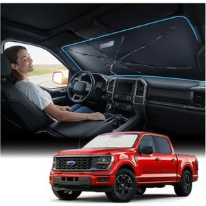 [2026 Upgrade] Nmoiss Windshield Sun Shade Umbrella for Ford F150 F250 F350 & Explorer - Vinyl Coating Heat Shield, Tough Truck-Grade Sun Protection, Blocks UV & Heat to Keep Interior Cool, For F-Series & Explorer